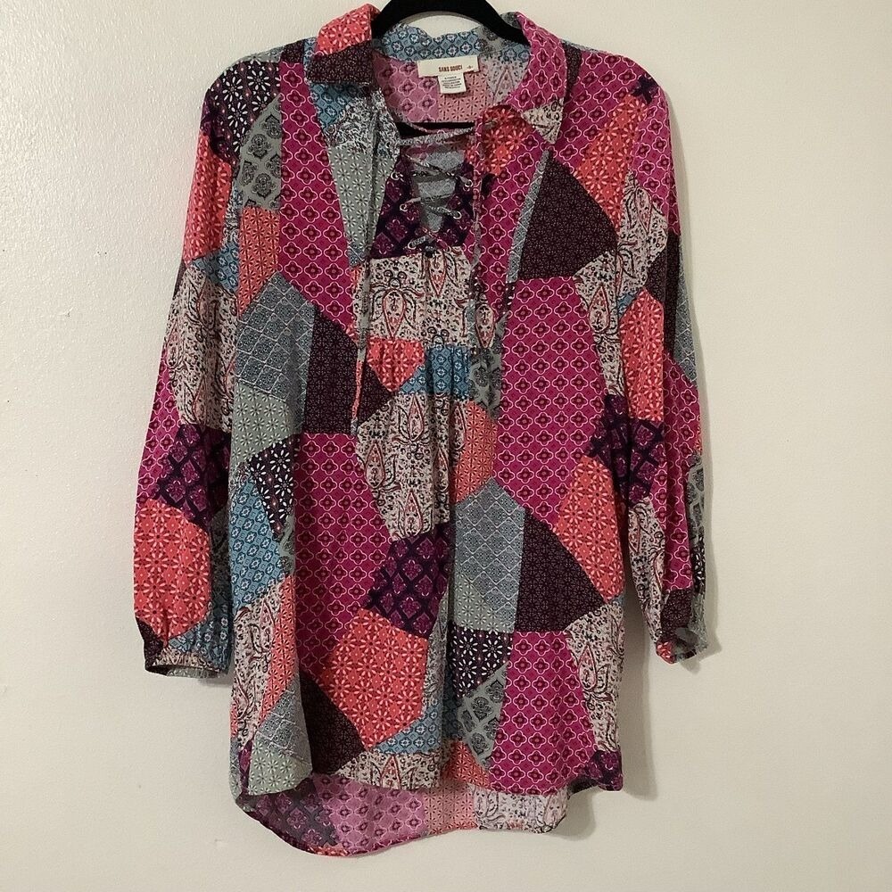 Patchwork Boho Blouse Small Flowy Feminine Artsy Bohemian Lace Up Festival